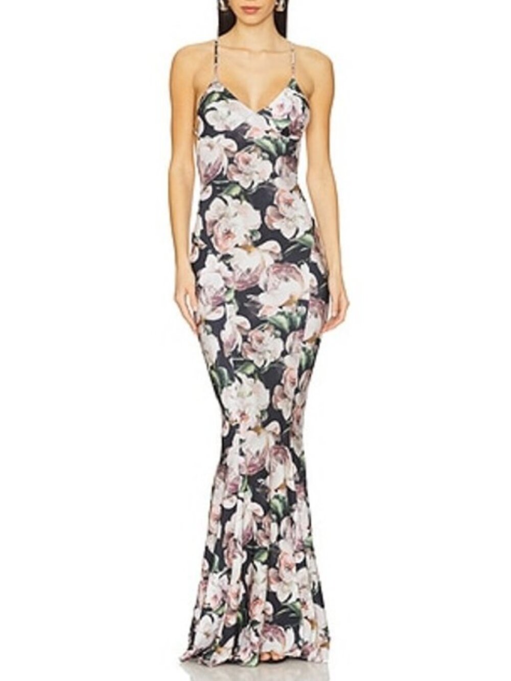 Norma Kamali Low Back Slip Fishtail Gown Peony Black Floral L
